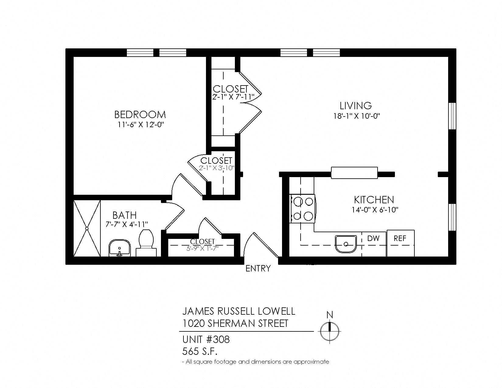 Floor plan for 1 bed, 1 bath, 615 sqft